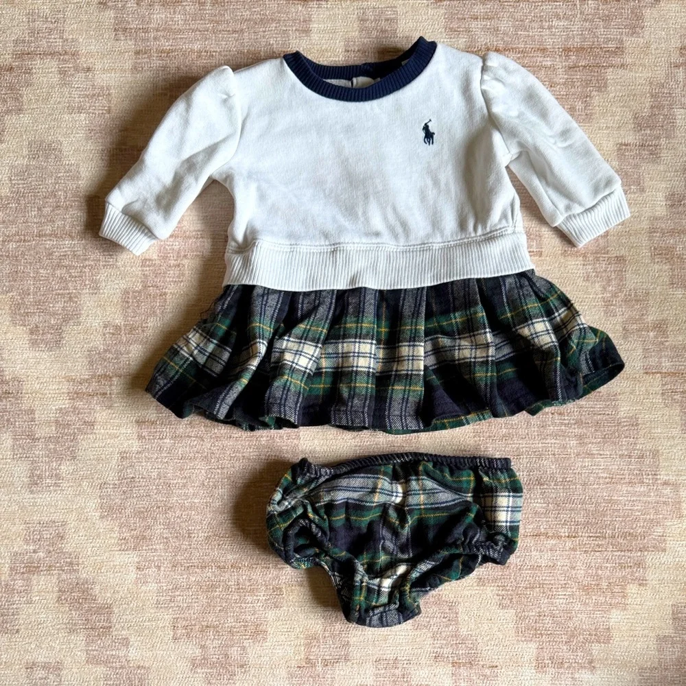 Ralph Lauren Kids White and Plaid Flannel Dress with Diaper Cover size 3M